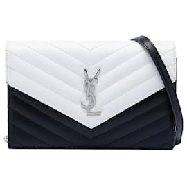 Saint Laurent Nero Bicolore Grain De Poudre Chevron Monogramma Borsa a Catena