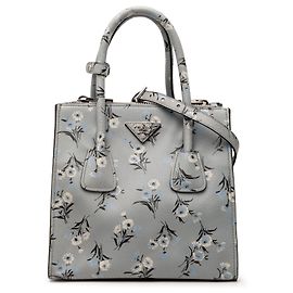 Prada Graue Saffiano Floral Print Doppel-Taschen-Handtasche