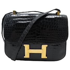 Hermès VINTAGE HERMES CONSTANCE 23 HANDTASCHE 1962 AUS SCHWARZEM POROSUS-KROKODILLEDER