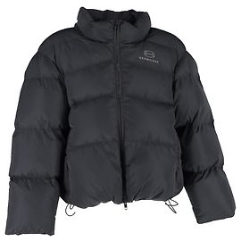 Schwarze, cropped Daunenjacke mit Reißverschluss und Balenciaga-Logo