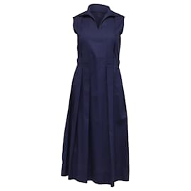 Vestido midi plisado de cuello abierto Marni en algodón azul marino