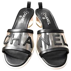 Chanel 19S Sand by the Sea Runway Mule in Pelle Nera con Tacco in PVC Taglia EU 37.5C