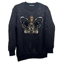 Valentino Garavani Schwarzer Pullover mit Kronenverzierung aus Kristallen und Perlen