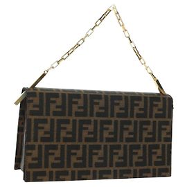 Borsa a Spalla FENDI Zucca in Tela Nera Marrone Oro Auth BAZ787V