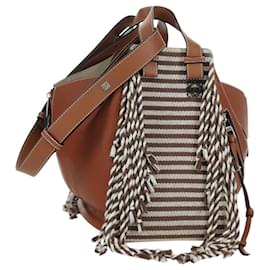 LOEWE Hammock Pequeño Bolso de Mano Lona Cuero 2en1 Marrón Plata Auth BAZ780V - Loewe