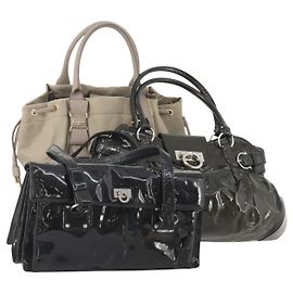 Borsa Gancini in pelle verniciata Salvatore Ferragamo 3 pezzi Nero Beige Auth fm5168