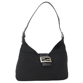 Bolsa de ombro FENDI Mamma Baguette em nylon preto e prata Auth BAZ148