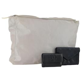 CHANEL Portafoglio Matelassé Pelle Caviar Nylon 3 Set Nero Grigio Blu Navy CC Auth bs34162