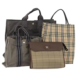 Borsa a mano Burberrys Hermes Nova Check in tela di nylon 4 pezzi Beige Grigio Auth BAZ311