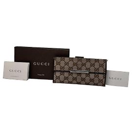 Cartera larga vintage de lona y cuero monograma Gucci beige y marrón