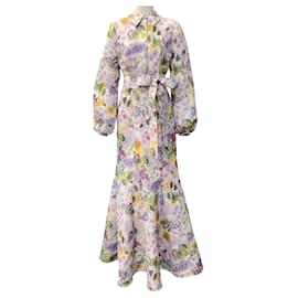 Badgley Mischka Maxikleid aus lilafarbenem, mehrfarbigem Taft mit Bindegürtel