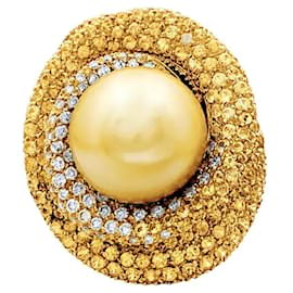 Goldring mit Perle, weißen Diamanten, farbigen Saphiren, Gelbgold. - Autre Marque