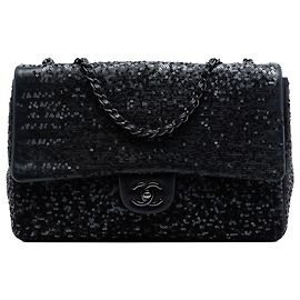 Chanel Nero Jumbo Classico Paillettes Flap Singolo