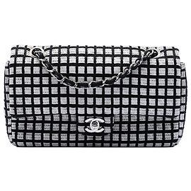 Chanel Nero Medio Classico Nastro e Tweed Logo Doppio Flap