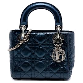 Dior Mini Blu Metallico in Pelle di Vitello Cannage Lady Dior