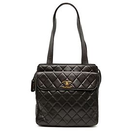 Chanel Braune CC gesteppte Lammleder Tote mit Fronttasche
