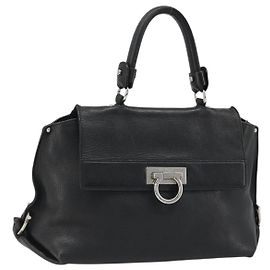 Borsa a mano in pelle nera e argento Gancini di Salvatore Ferragamo Auth bs34239