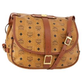 Borsa a Spalla MCM Vicetos Logogram in Pelle PVC Marrone Oro Auth BA11276