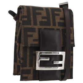 Borsa a spalla Mamma Baguette in tela Zucca FENDI nera e marrone Auth BAZ699V