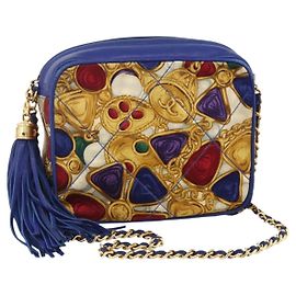 CHANEL Borsa a Spalla Matelassé Catena Satin Blu Oro CC Auth BAZ668V