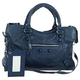 BALENCIAGA Giant City Hand Bag Leather 2way Blue Silver 258044 Auth ki6596SAM - Balenciaga