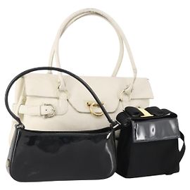 Borsa a Mano Salvatore Ferragamo in Pelle Verniciata 3 Set Bianco Nero Blu Marino Auth 162600