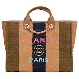 Chanel Große Deauville gestreifte Einkaufstasche aus braunem Raffia
