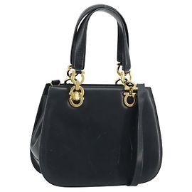 Borsa a mano in pelle Gancini Salvatore Ferragamo 2 in 1 Blu Navy Oro Auth ARZ896