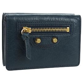 BALENCIAGA Classic Mini Trifold Wallet Lamb Skin Navy Gold 477455 Auth SW2303M