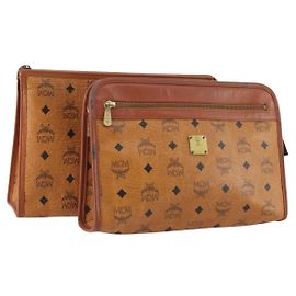 MCM Vicetos Logogram Clutch Bag in Pelle PVC 2 Set Marrone Auth 170519