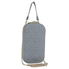 Christian Dior Cannage Phone Pouch Chain Shoulder Bag Lamb Skin Gray Auth BAZ467