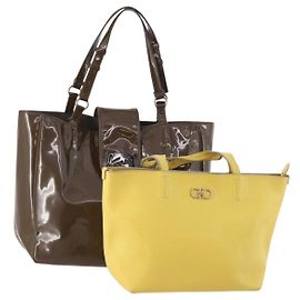 Borsa Salvatore Ferragamo in pelle verniciata 2 pezzi Marrone Giallo Auth BA11843