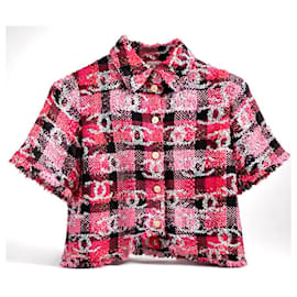 Chanel 22M Coco Beach CC Logo Blusa in Tweed con Paillettes Rosa Fantasia FR 36