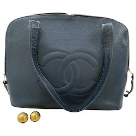 Borsa tote in pelle Chanel blu navy con hardware dorato