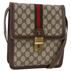 GUCCI GG Supreme Web Sherry Line Shoulder Bag PVC Beige Gold 145857 Auth BA11894