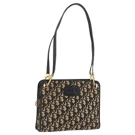 Borsa a Spalla in Tela Trotter Christian Dior Blu Navy Oro Auth BAZ047