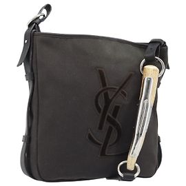 Saint Laurent Bolsa de Ombro Mombasa em Lona e Couro Marrom Escuro Prata Auth hk3606V