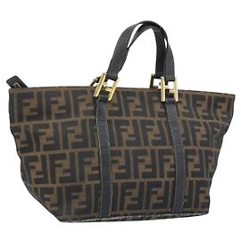 Borsa a mano in tela Zucca FENDI marrone nera Auth mr2221