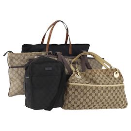 GUCCI GG Canvas Tote Bag PVC 5 Set Red Beige Navy Auth 155802