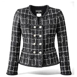 Chanel 14P Black Grid Tweed Braided Trim Double Breasted Jacket FR 36