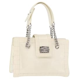 Borsa Boy Chanel in pelle verniciata bianca con catena, CC argento, Auth YKZ1054A