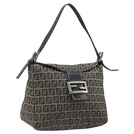 Bolso de Hombro Mamma Baguette de Lona Zucchino FENDI Navy Plata Auth YKZ1029A