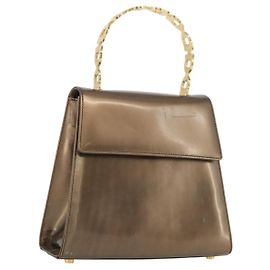 Salvatore Ferragamo Bolsa de mão Gancini em couro envernizado marrom e dourado Auth hk3581