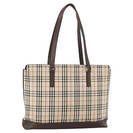 Burberry Borsa Tote Nova Check in Tela Beige Argento Auth INZ053