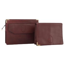 CARTIER Must Line Bolso Clutch de Cuero 2 Set Burdeos Auth 174426