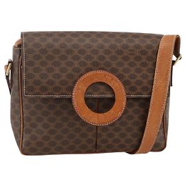 Céline Bolsa de ombro circular em lona Macadam CELINE em couro PVC marrom dourado Auth YKZ1143