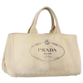 PRADA Canapa GM Handtasche aus Leinwand Elfenbein Gold Auth ka3683