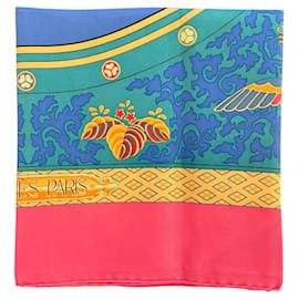 Hermès Blue and Pink Silk Scarf with Floral Patterns
