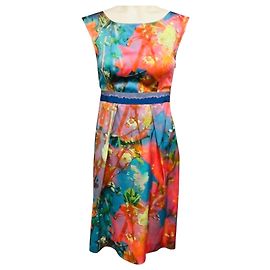 Vestido de seda con estampado floral en acuarela multicolor rosa / azul Moschino Cheap and Chic