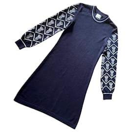 Barrie Cashmere Kleid in Mitternachtsblau mit Distel-Musterärmeln Größe XS